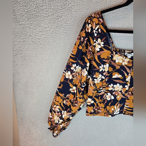 Vigoss Womens Summer Crop Top Long Sleeve Smoked Cuffs Side Zip Floral Browns - Picture 5 of 14